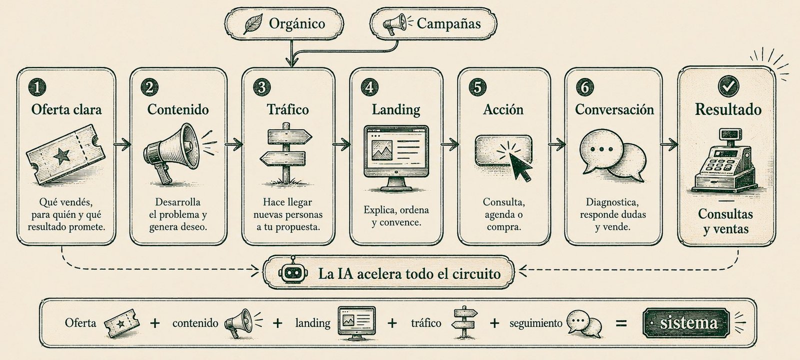 Así funciona Click Caja: oferta clara, contenido, tráfico, landing, acción, conversación, resultado