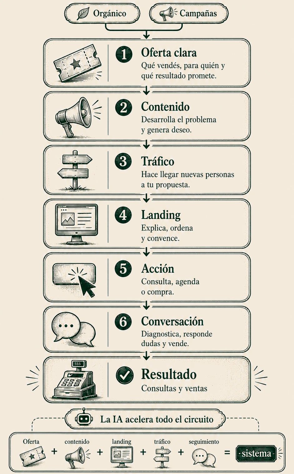 Así funciona Click Caja: oferta clara, contenido, tráfico, landing, acción, conversación, resultado